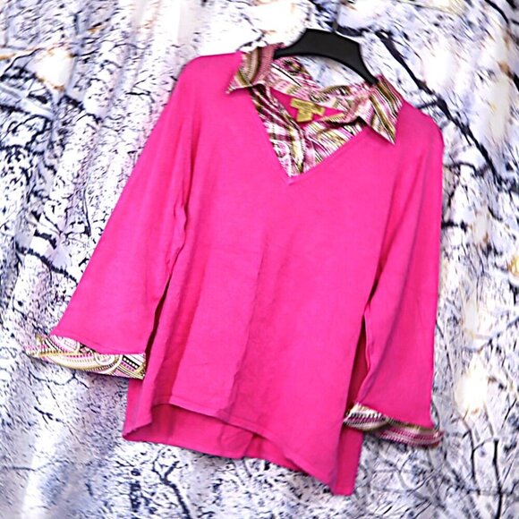 HOT PINK COLLARED SWEATER 2X Notations Satin Print Bright Dopamine Office Work - Picture 2 of 8